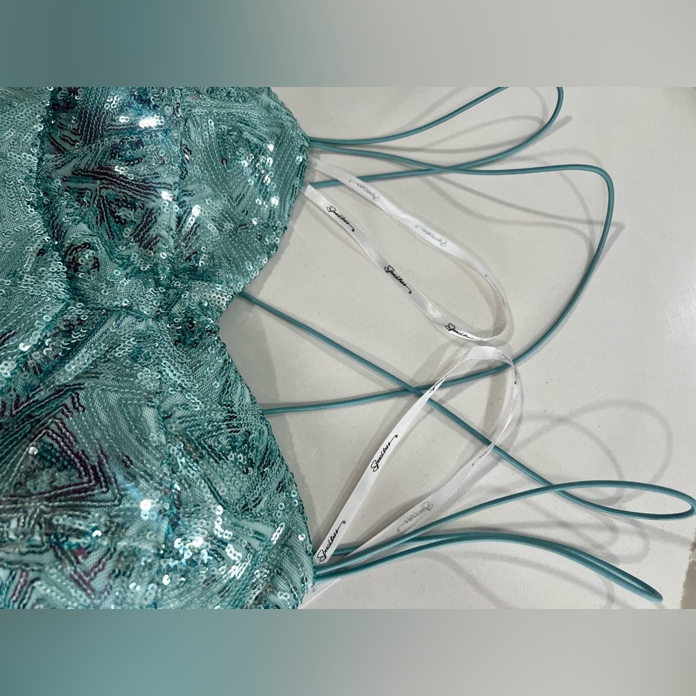 Speechless Seafoam Light Blue Sequin Maxi Slip Dress Size 3 Juniors Prom Gown - Picture 6 of 16